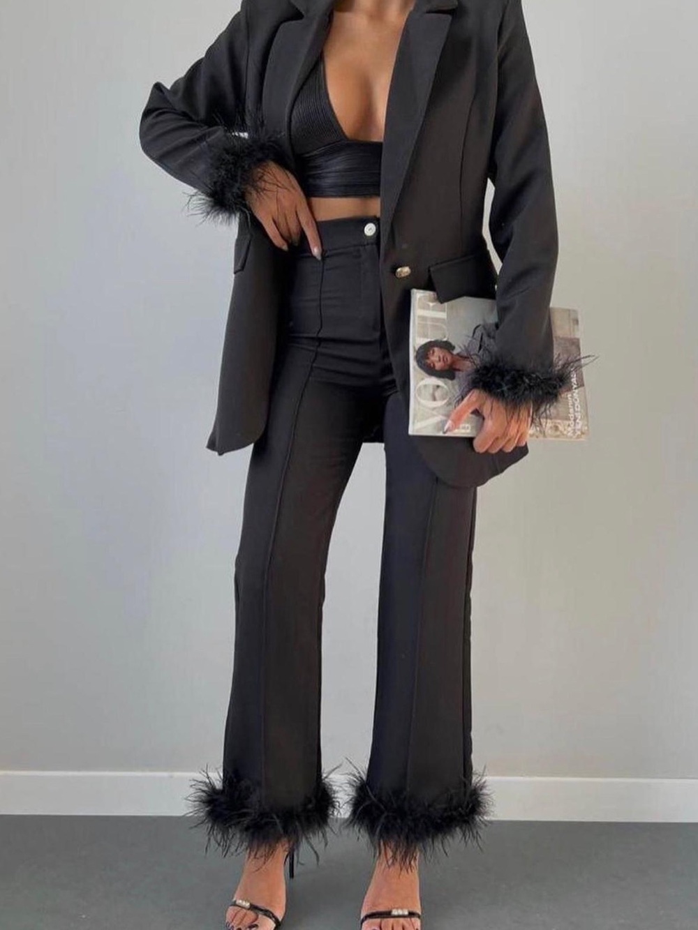 Feather Trim Black Blazer & Pants Set